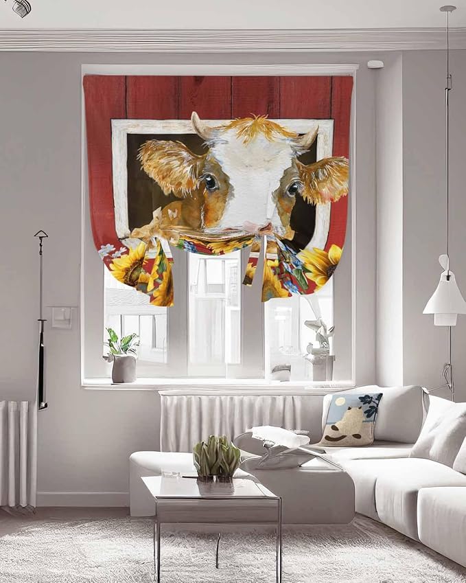 Tie Up Curtains for Windows, Cows Sunflowers Adjustable Balloon Nature Linen - Image 3