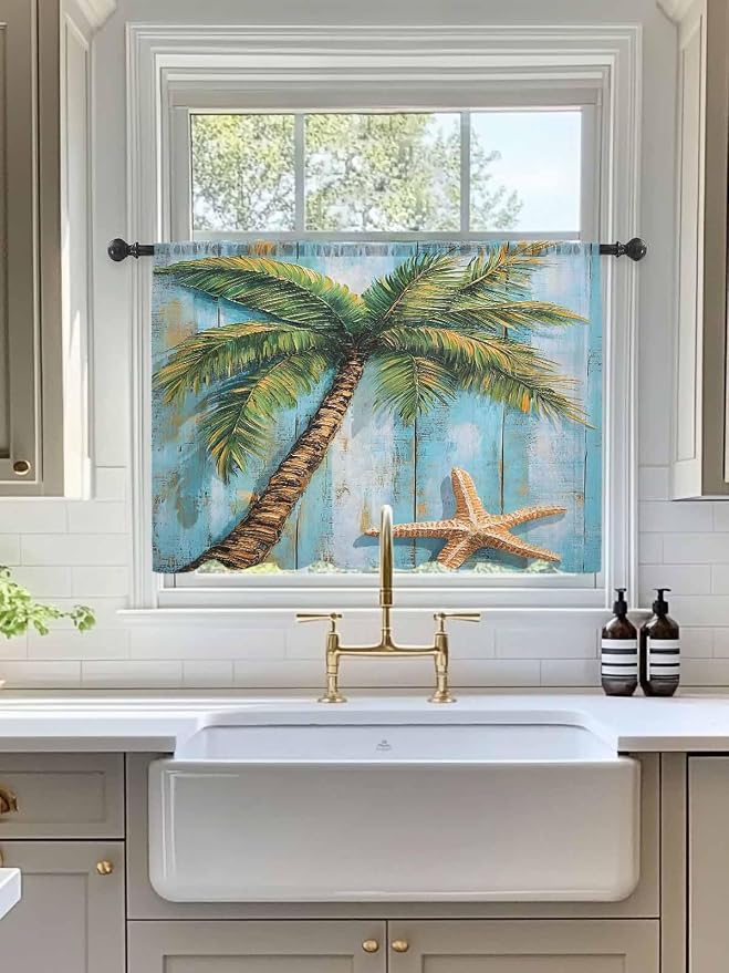 Sheer Curtains 45 Inch Length, Coastal Beach Tree Semi Sheer Curtains Light - Image 3