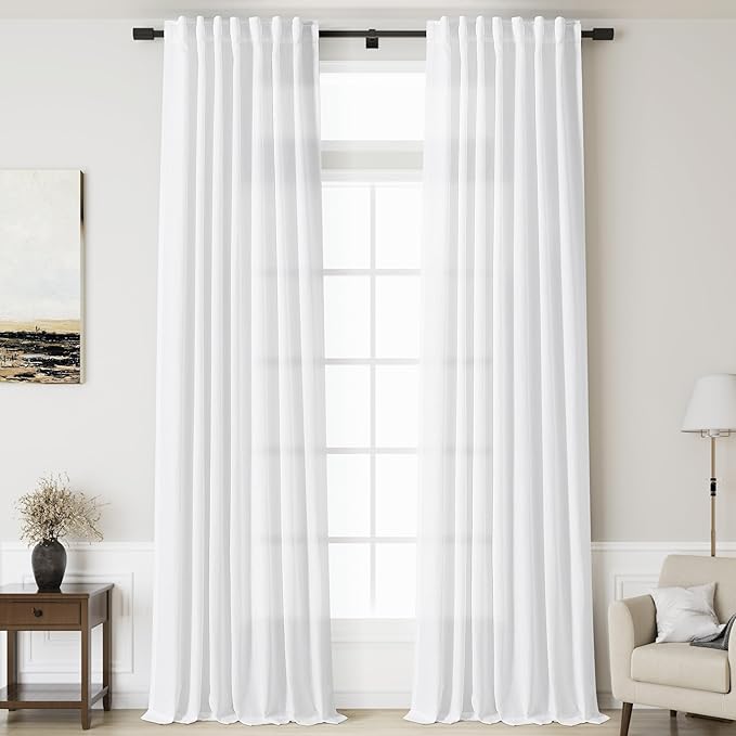 Nanspring White Linen Curtains for Living Room 123 Inches Long Extra Long Back Tab Curtains Farmhouse Semi Sheer Light Filtering Linen Drapes Ceiling to Floor for Large Window 2 Panels Set 52x123