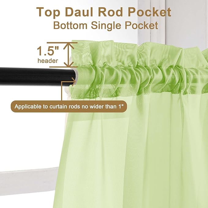 Chyhomenyc Sheer Curtains 54 Inch Long 2 Panels Set, Light Filtering Short Soft Airy Short Cafe Curtains, Modern Rod Pocket for Dinning Living Room Bedroom, Each 42Wx54L in, 2PCS, Lime