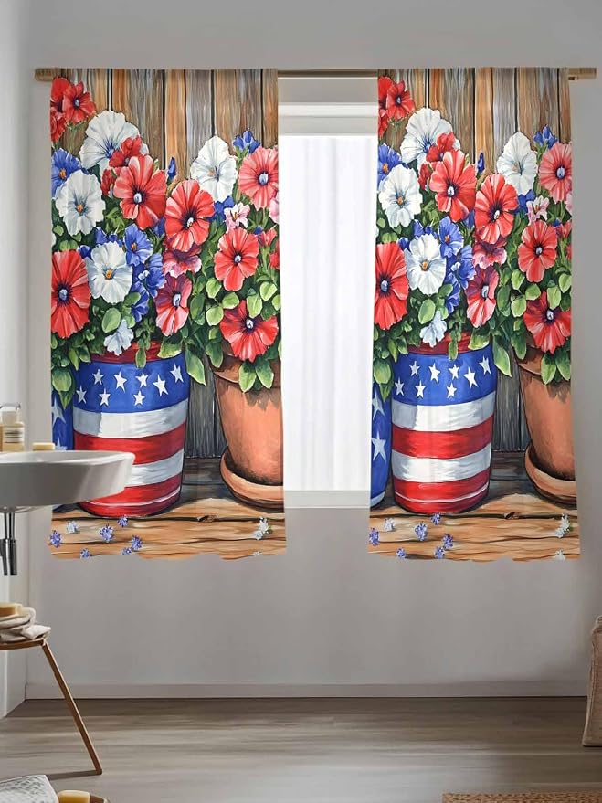 Sheer Curtains 72 Inches Long, Retro Independence Day Flag Wood Grain Privacy - Image 5