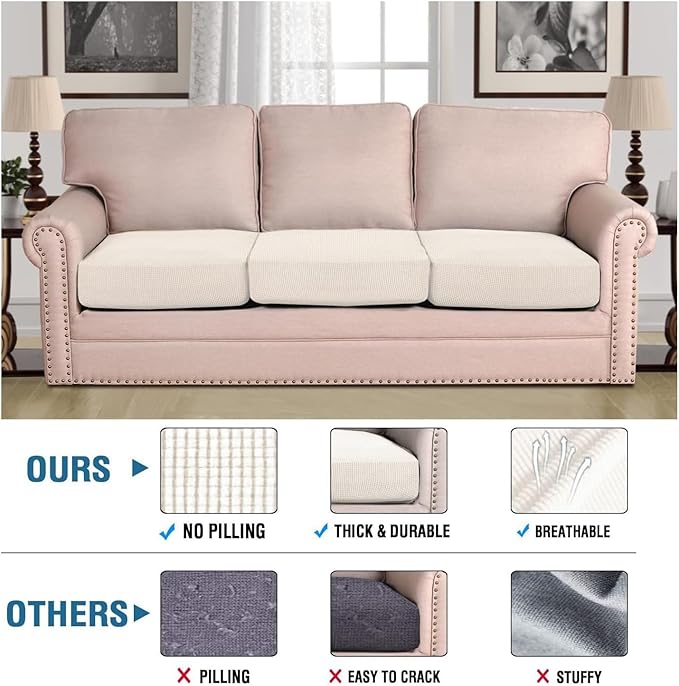 H.VERSAILTEX Super Stretch Individual Seat Cushion Covers - Sofa & Couch Cushion Slipcover Sets - Thick Jacquard Textured Twill Fabric (3 Piece XL, Porcelain White)