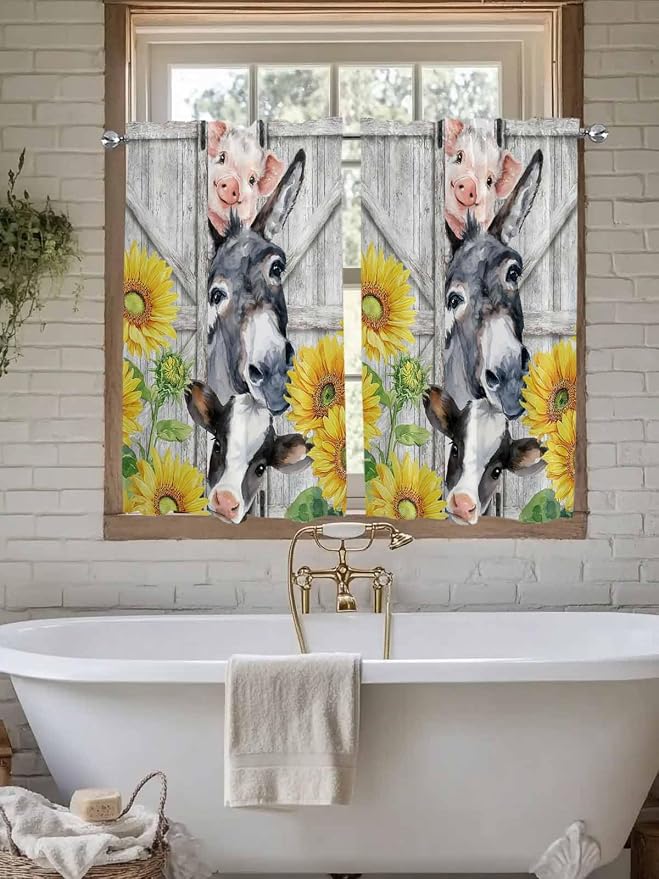 Farmhouse Kitchen Curtains 45 Inches length, Watercolor Sunflowers Animals - Image 7