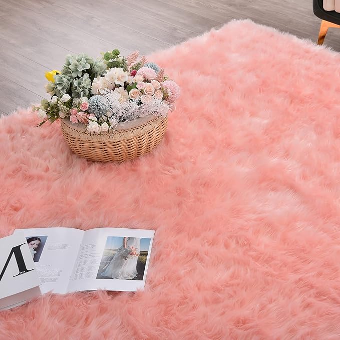ORINOVA Pink Faux Sheepskin Fluffy Fur Rugs for Bedroom Machine Washable Fuzzy Area Rugs for Living Room Runner Rugs for Hallway 2x6