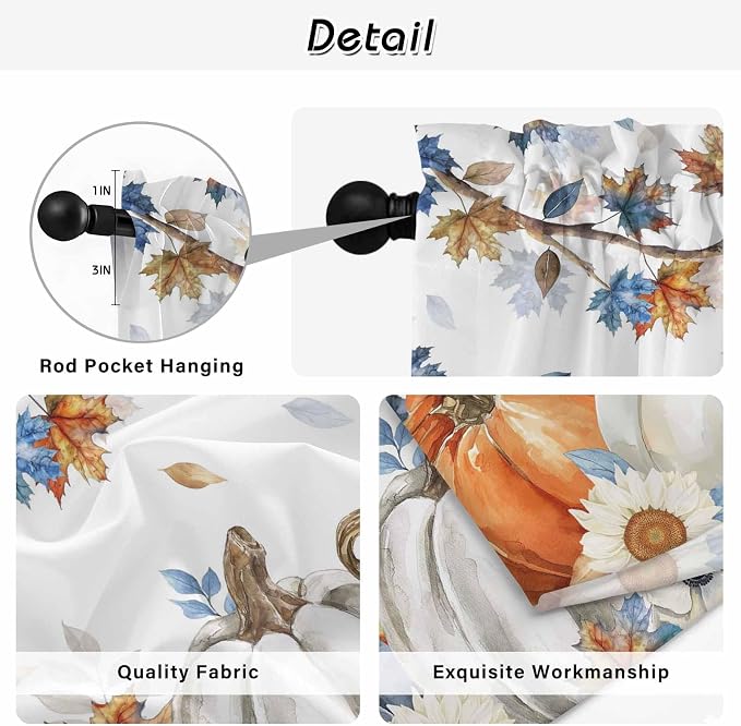 Navy Blue Pumpkin Fall Window Curtains 63 Inch Long 2 Panel Set, Rod Pocket - Image 9