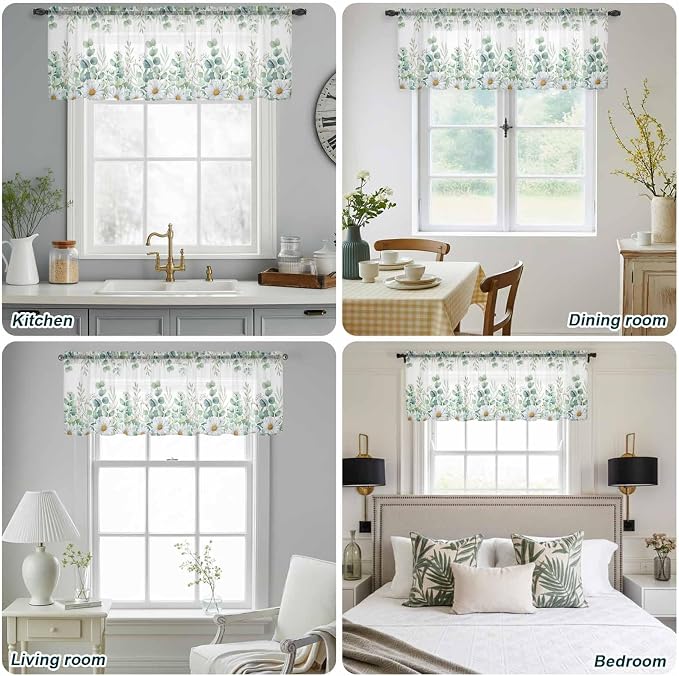 Eucalyptus Leaves Daisy Sheer Valance Curtains, Summer Farmhouses Flower Light - Image 9