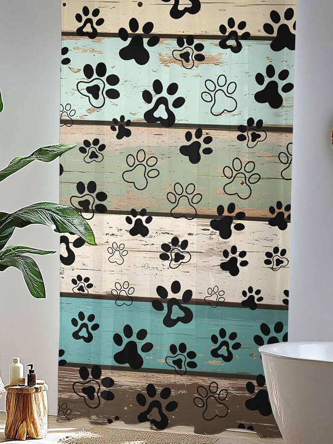 Sheer Curtains 96 Inches Long, Sage Green Brown Paw Prints Semi Sheer Curtains - Image 4