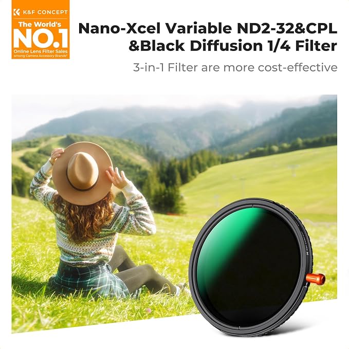 K&F CONCEPT 67mm Black Diffusion Mist Effect 1/4 & Variable ND2-32 & Circular - Image 2