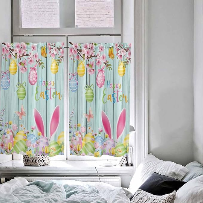 Happy Easter Kitchen Curtains 54 Inches Length, Spring Bunny Eggs Flower Teal - Image 5