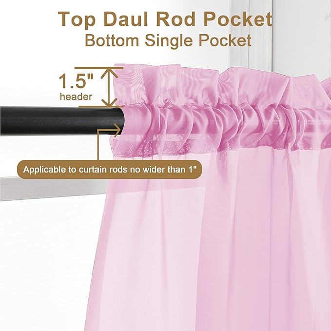 Chyhomenyc Pink Sheer Curtains 30 inch Length 2 Panels, Light Filtering Voile Rod Pocket Short Window Curtians for Bathroom Living Room Farmhouse Small Windows, 42Wx30L inches