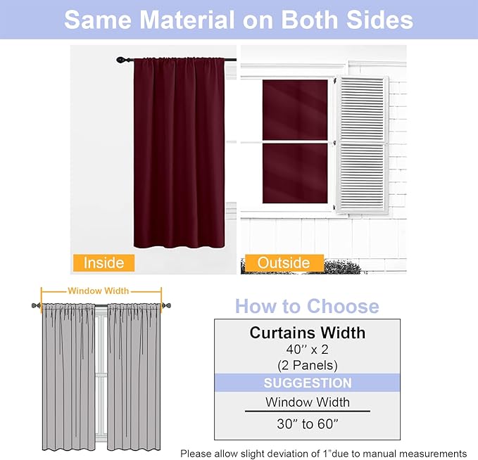 Simplebrand Ava Burgundy Blackout Curtains for Bedroom 72 Inch Length 2 Panels Set, Privacy Thermal Insulated Rod Pocket Window Curtains for Patio French Door Front Door, W40 x L72 Inch
