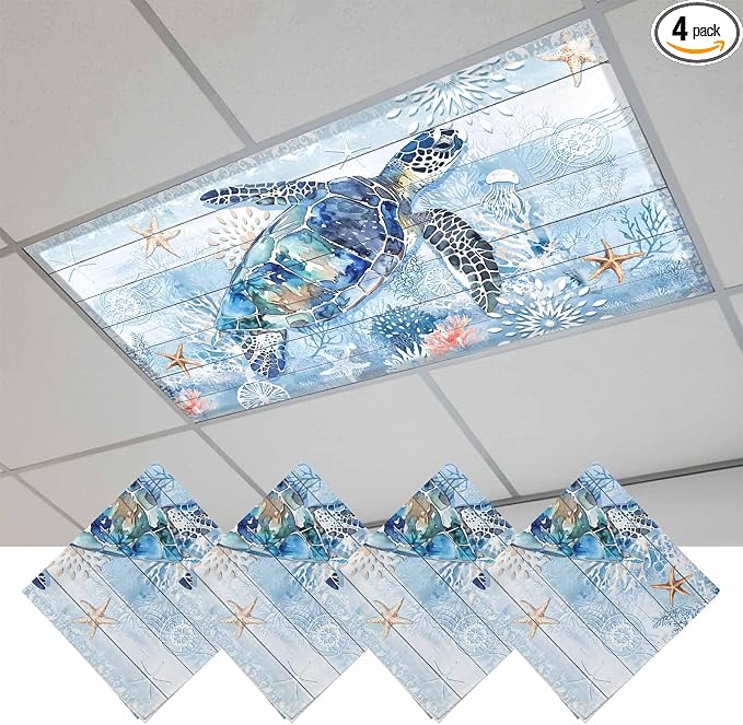 4 Pack Sea Turtle Fluorescent Light Covers Ocean Starfish Coral Blue Wood Grain by Unknown