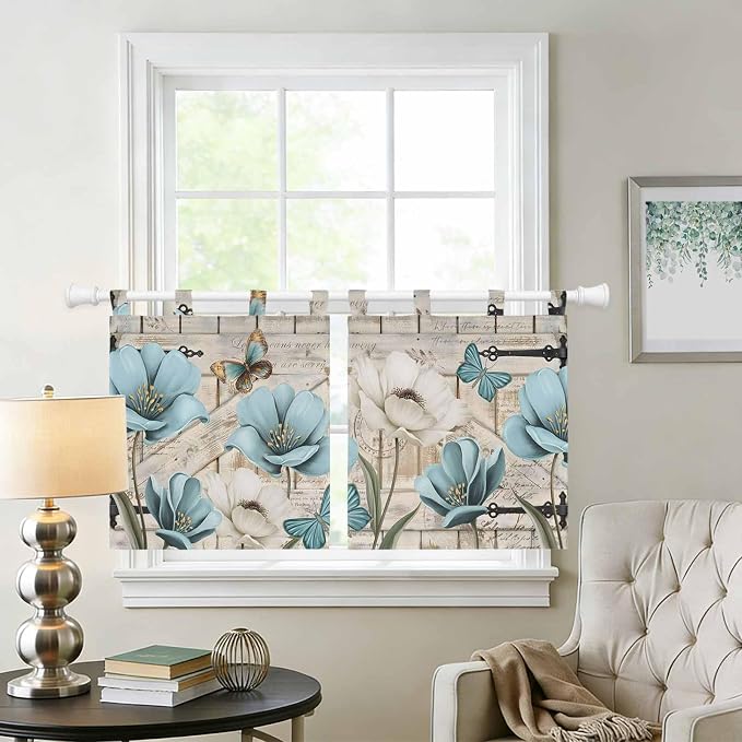 Teal Blue Tulips Kitchen Curtains 36 Inch Length, Small Window Curtains Tab Top - Image 2