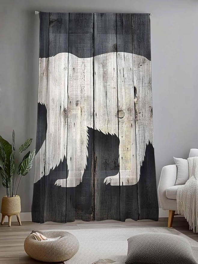 Sheer Curtains 108 Inches Long, Rustic Counrty Vintage Wood Grain Privacy Voile - Image 2