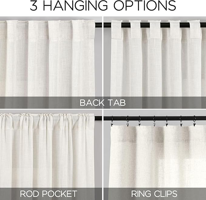 Nanspring Beige White Linen Curtains 63 Inch Length for Living Room Semi Sheer Curtain Back Tab and Rod Pocket Rustic Farmhouse Dector Coastal Room Decor Drapes for Bedroom 40 X 63, 2 Panels