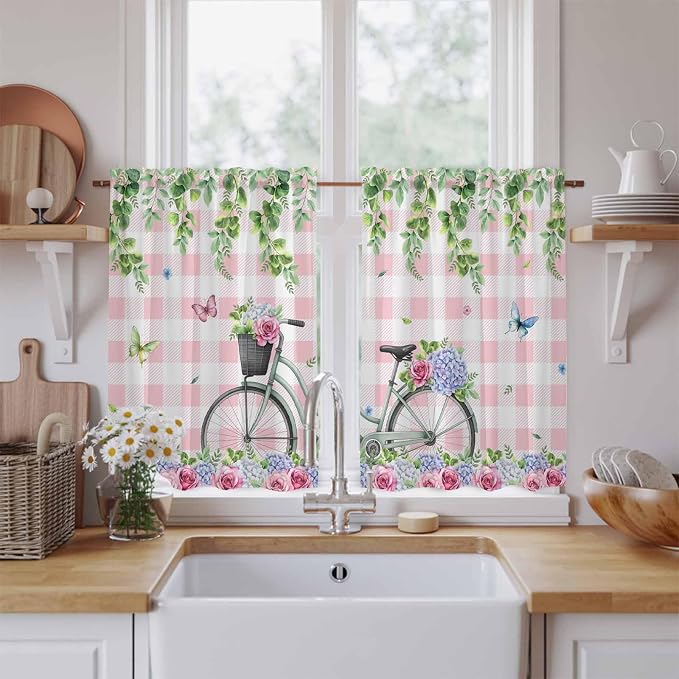 Spring Kitchen Curtains, Bicycles Leaves Butterfly Flowers Pink Buffalo Plaid - Image 2