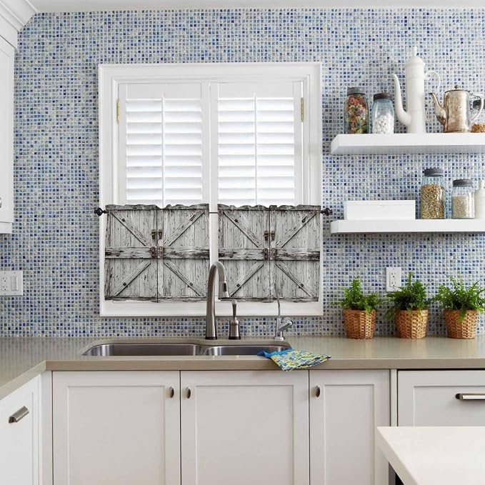 Vintage Gate Half Window Curtains 24 Inches Long, Farmhouse Wooden Grain Shabby - Image 2