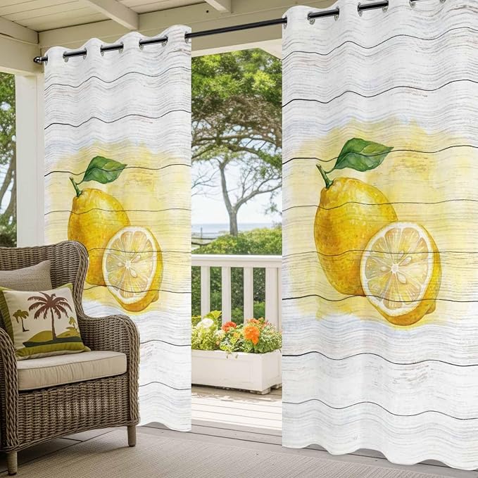 Lemons Yellow Summer Fruit Vintage Wood Outdoor Curtains - Image 5