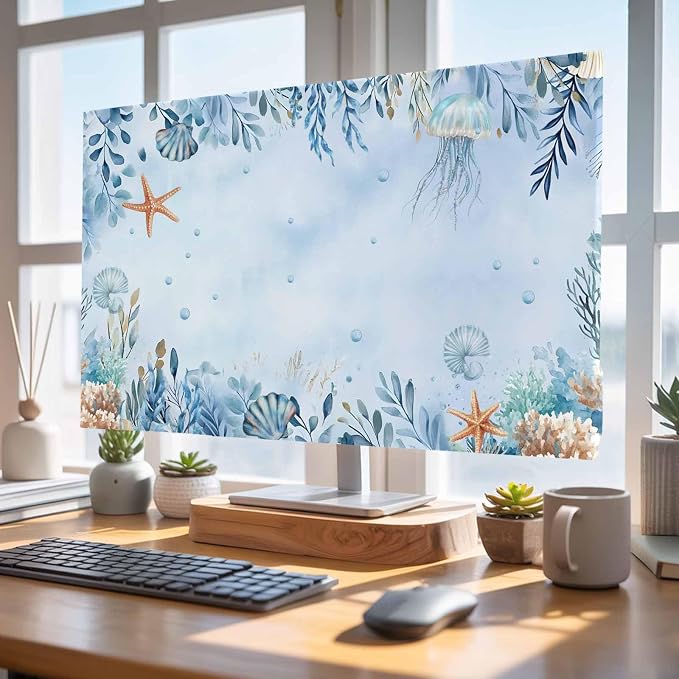 Ocean Seaweed Leaves Shell Indoor TV Cover, Elastic TV Screen Protector Blue - Image 4