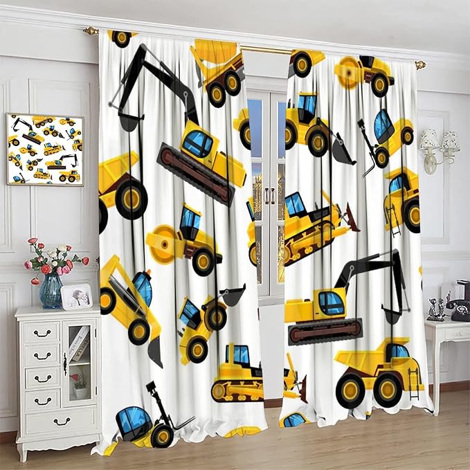 Kids Construction Equipment Window Curtains, Excavator Tractor Tow Truck Rod - Image 3