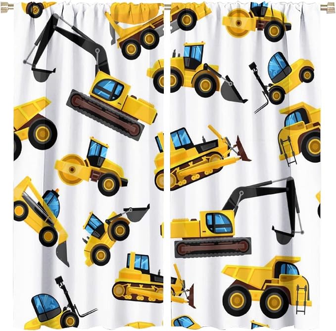 Kids Construction Equipment Window Curtains, Excavator Tractor Tow Truck Rod by SHElifestyle
