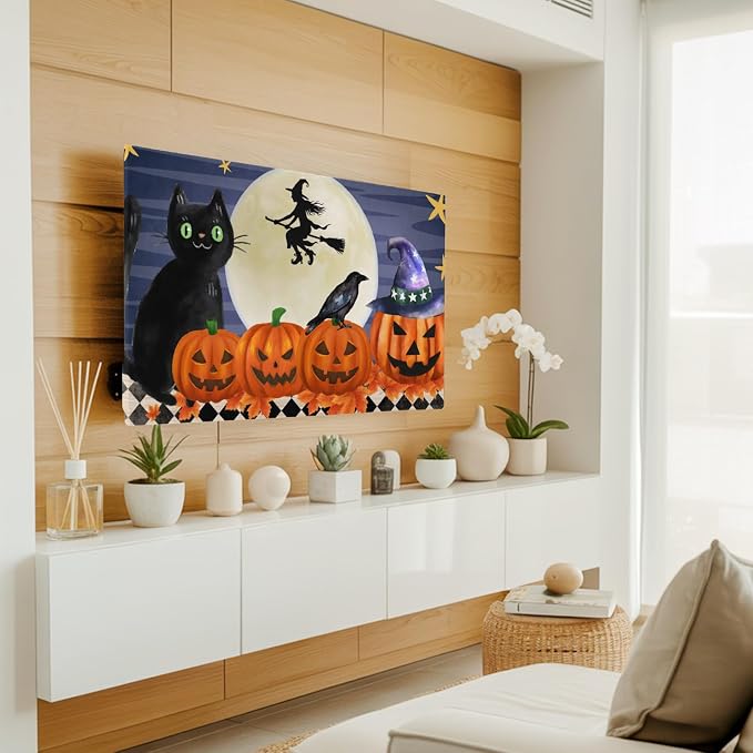 Pumpkin Black Cat Halloween Witch Indoor TV Cover, Elastic TV Screen Protector - Image 3