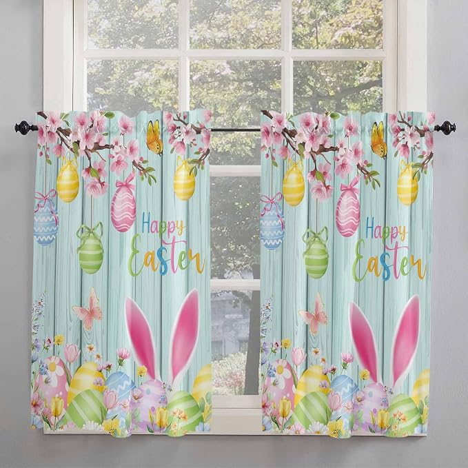 Happy Easter Tier Curtains 45 Inches Long, Spring Bunny Eggs Flower Teal Wood - Image 2
