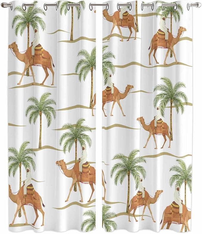 2 Panel Kitchen Cafe Curtains, Desert Camels Sunlight Filtering Nature Air by Hokiten