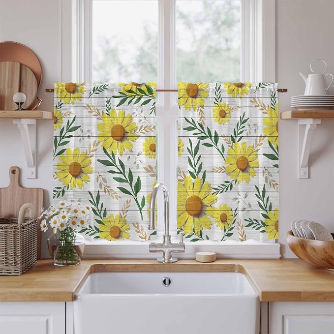 Yellow Daisy Kitchen Curtains, Farmhouse Country Flower Leaf Plant Wood Grain - Image 2