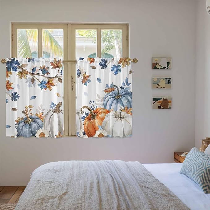 Navy Blue Pumpkin Fall Kitchen Curtains 45 Inch Long 2 Panel Set, Rod Pocket - Image 4