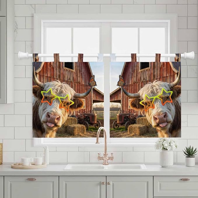 Farm Yaks Kitchen Curtains 36 Inch Length, Small Window Curtains Tab Top - Image 3