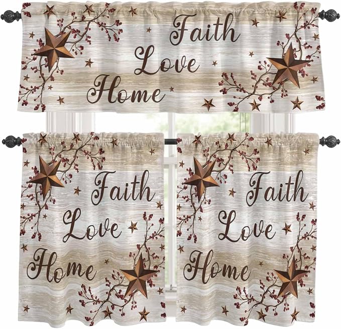 Kitchen Curtains Tiers and Valance Set of 3, Texas Star Brown Light Filtering by Anzona