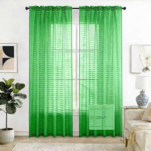 SpaceDresser Check Sheer Curtains 54 Inches 2 Panels Set, Rod Pocket Plaid Window Curtain for Living Room, Green Semi Sheer Drapes for Kitchen Bedroom Children Room Yard（Green, 52W x 54L）