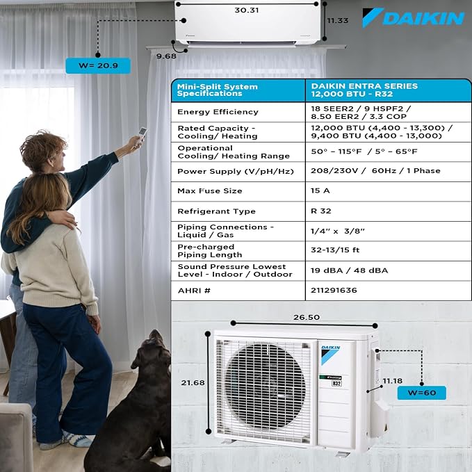 Daikin 12, 000 Btu 18 SEER2 Ductless Mini-Split Wall Mount Heat Pump Air - Image 5