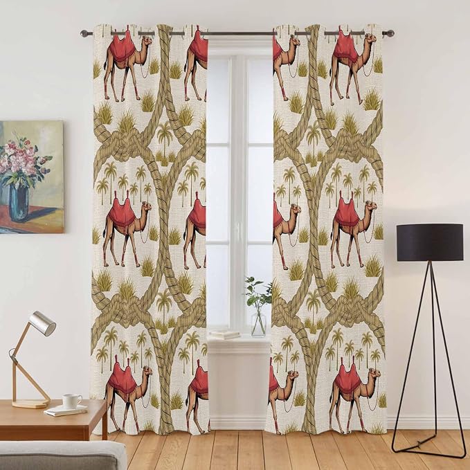 2 Panel Kitchen Cafe Curtains, Camels Palm Trees Sunlight Filtering Nature Air - Image 2