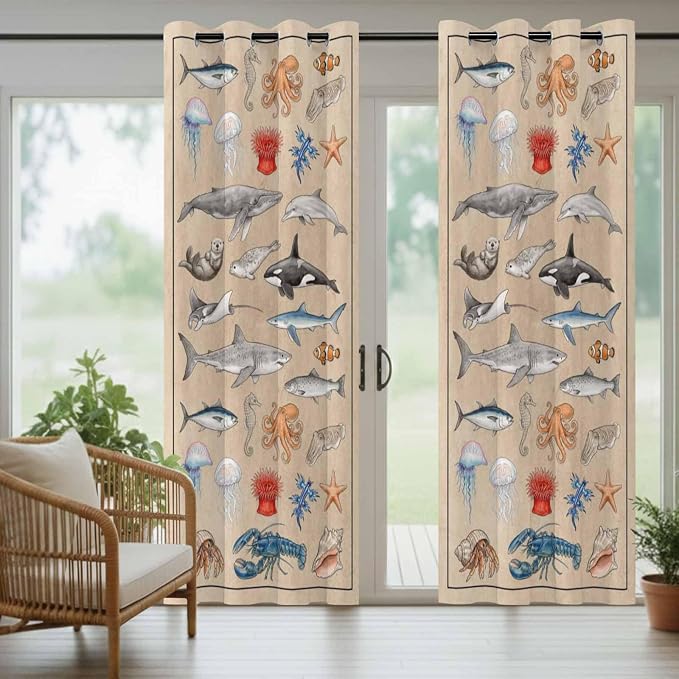 Vintage Outdoor Curtains for Patio Sharks Whales Lobsters Biographies - Image 6
