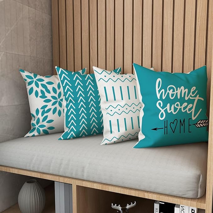 YCOLL Pillow Covers 18x18 Set of 4, Modern Sofa Throw Pillow Cover, Decorative Outdoor Linen Fabric Pillow Case for Couch Bed Car, Aqua Blue