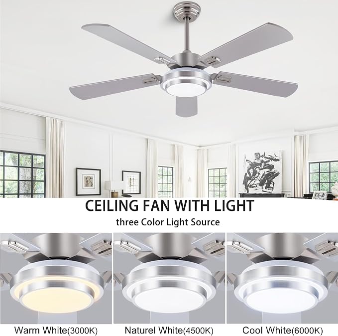 QUTWOB 52" Brushed Nickel Ceiling Fans, Farmhouse 5 Blades Ceiling Fans - Image 5