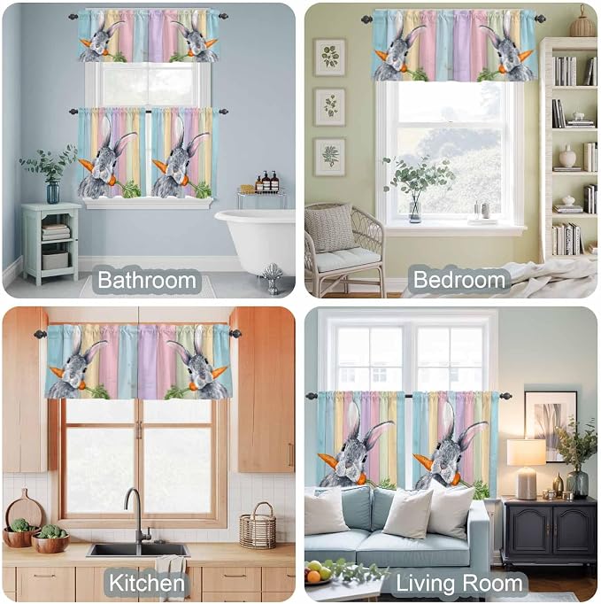 Easter Kitchen Curtain Set, Spring Grey Rabbit Carrots Colorful Wooden Plank - Image 7