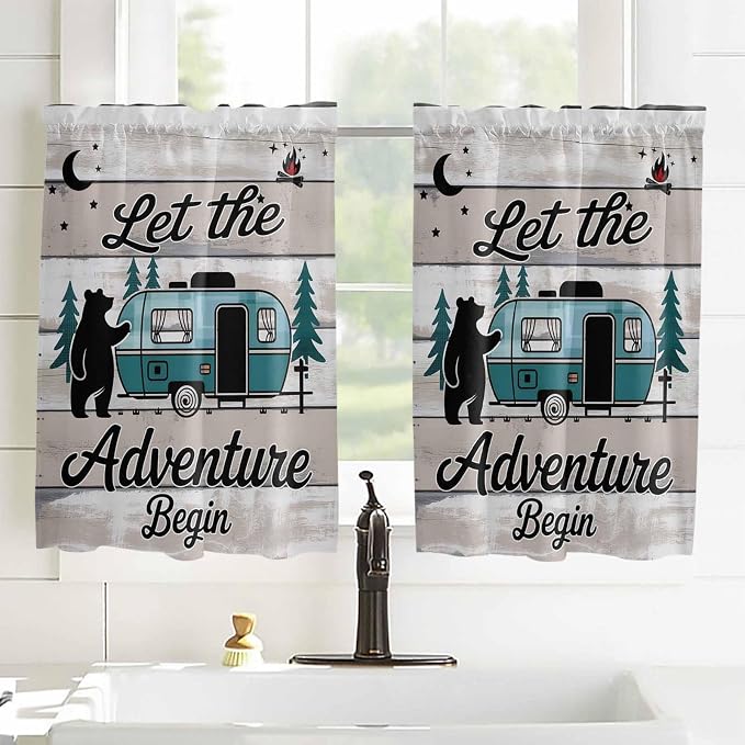 Farmhouse Bear Camper Van Tree Window Valance Curtains, Vintage Wood Grain - Image 4