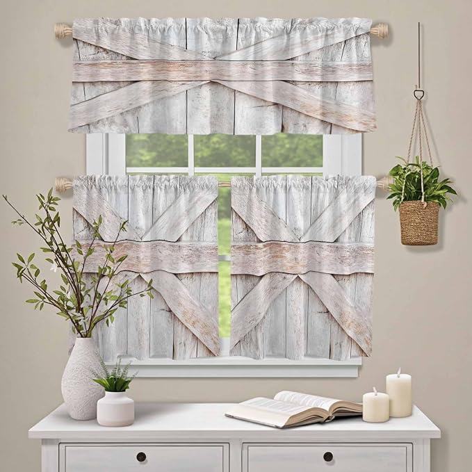 Kitchen Window Curtains Valance and Tier Set, Farmhouse Retro Wooden Barn Rod - Image 4