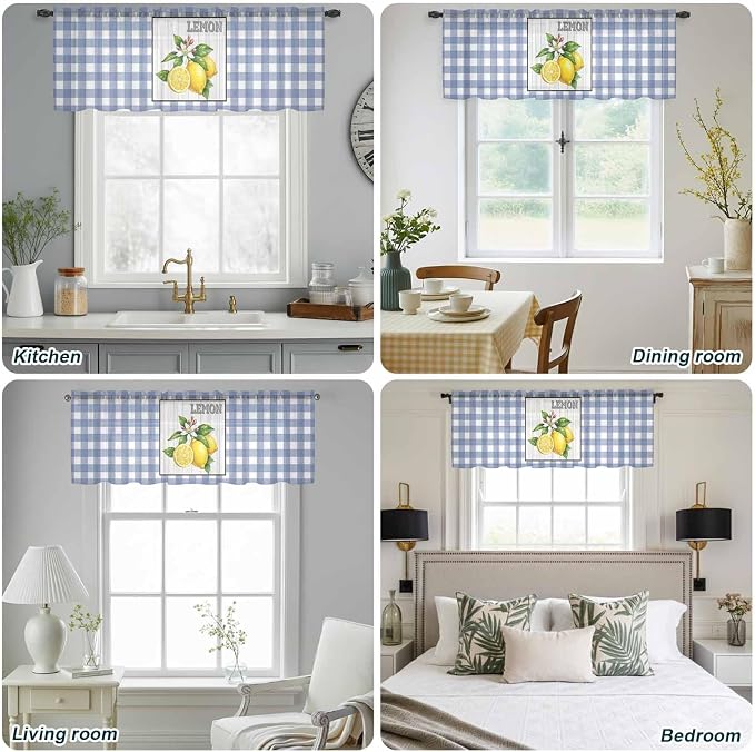 Lemon Sheer Valance Curtains, Summer Fruit Floral Wood Grain Blue Plaid Light - Image 9