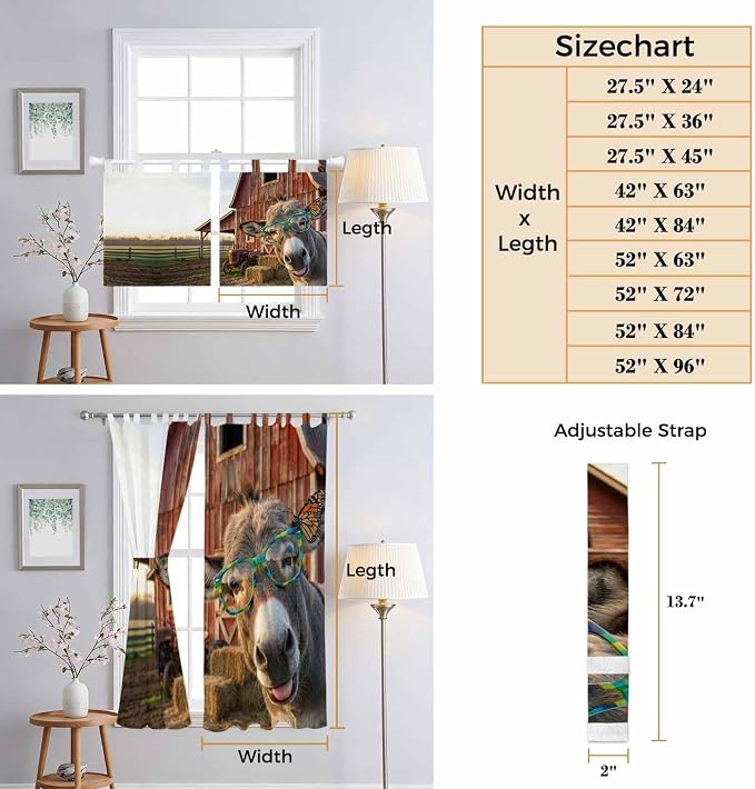 Farm Donkeys Kitchen Curtains 36 Inch Length, Small Window Curtains Tab Top - Image 8