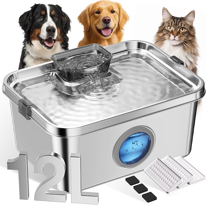 12L Dog Water Fountain, Stainless Steel Pet Water Fountain by FICUSWIN
