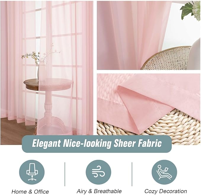 Blush Pink Sheer Curtains for Window 96 Inches Long 2 Panels, Soft Airy Light Filtering Voile Sheer Curtains for Living Room Bedroom, Dual Rod Pocket Elegant Window Drapes, 2x42Wx96L Inches