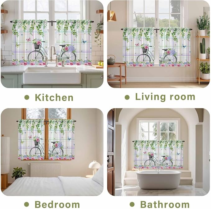 Spring Tier Curtains, Bicycles Botanical Leaves Rose Colorful Stripes Light - Image 8