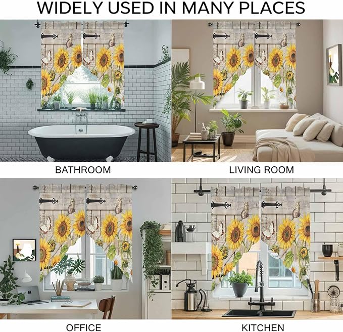 Farm Flowers Swag Valances for Windows, Retro Sunflowers Barn Doors Butterfly - Image 9