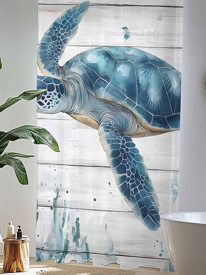 Sheer Curtains 108 Inches Long, Teal Green Ocean Turtle Semi Sheer Curtains - Image 4