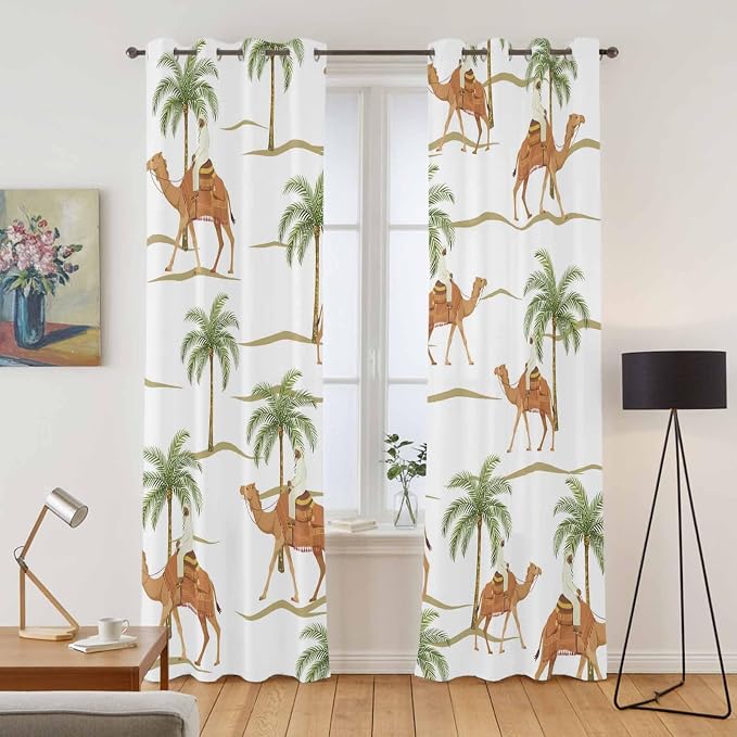 2 Panel Kitchen Cafe Curtains, Desert Camels Sunlight Filtering Nature Air - Image 2