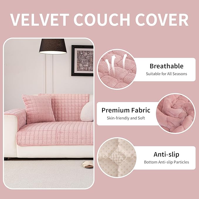 Velvet Couch Cover, Washable Sectional Sofa Cover, Anti Slip Sofa Slipcover for 3 Cushion Couch Sofa L Shaped Armrest Backrest, Furniture Protector Covers for Pets Kids(1PC, Pink, 28"×28")